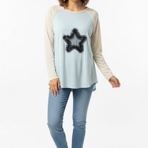 POL *NWOT*Size Large*Light Blue and Cream Star Long Sleeve Top PTP 24